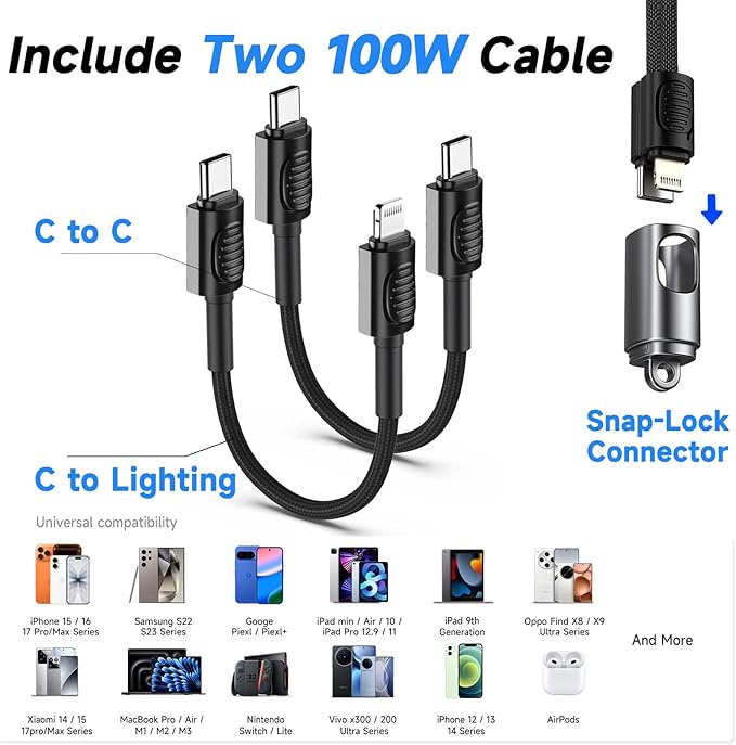 USB C Charger for iPhone 16/15 Charger Fast Charging,GaN Keychain Design Fast Wall Charger Block with USB C to C & C to Lightning Cable,Christmas Gift for men,Foldable and Compact for iPhone(Black)