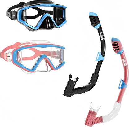 Aegend Snorkeling Gear for Adults Youth Kids, Dry Snorkel Set Panoramic View Enhanced Anti-Leak and Anti-Fog Technology, Adjustable Strap for Snorkeling Scuba Diving Swimming with Mesh Bag