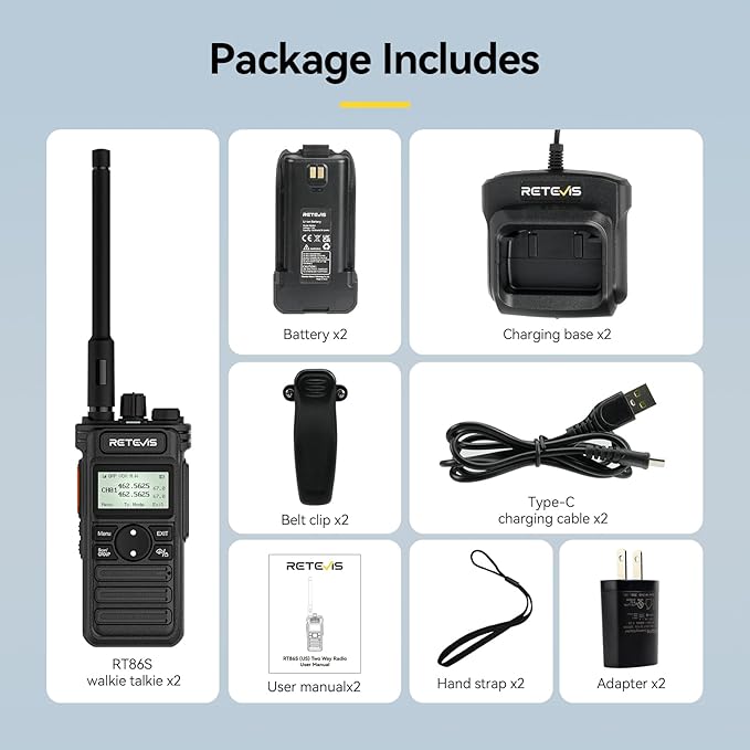 Retevis RT86S 2 Way Radio Long Range, High Power Walkie Talkie with LCD Screen, GMRS Two Way Radio with 2600mAh, NOAA, for Camping Off-Road Hunting(2 Pack)
