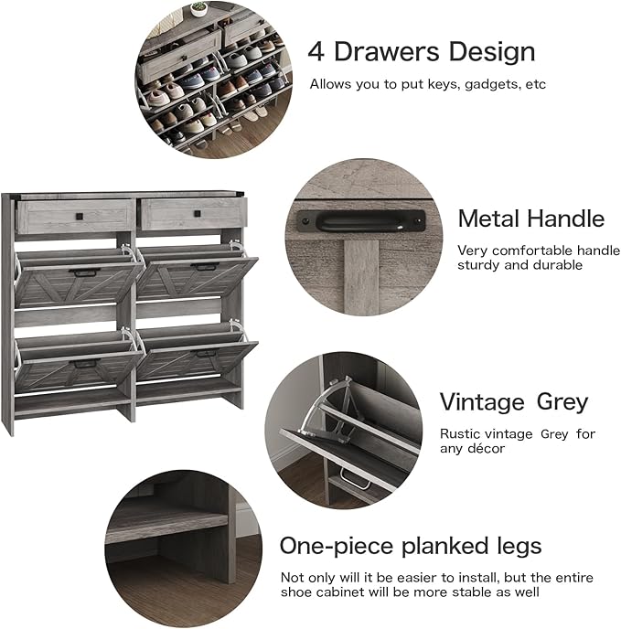 Shoe Cabinet with 4 Flip Drawers & 2 Drawers,Farmhouse Shoe Storage Cabinet for Entryway,Slim Freestanding Organizer Rack for Front Door Entrance,Grey