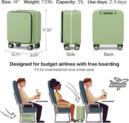 mixi 17x14x9 Carry On Luggage Underseat PC Hard Shell Suitcase Top Opening Aluminum Frame Travel Suitcases with Wheels, Avocado Green