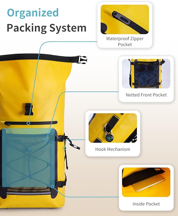 ECOHUB Waterproof Backpack for Women Men, 30L Roll-Top Closure Heavy Duty Dry Bag for Travel with IPX8 Waterproof Phone Case