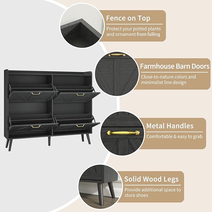 Shoe Storage Cabinet with 4 Flip Drawers, Shoe Cabinet Storage for Entryway Slim, Freestanding Black Shoe Cabinet, Farmhouse Shoe Organizer Hidden Shoe Cabinets with Wooden Legs, Black