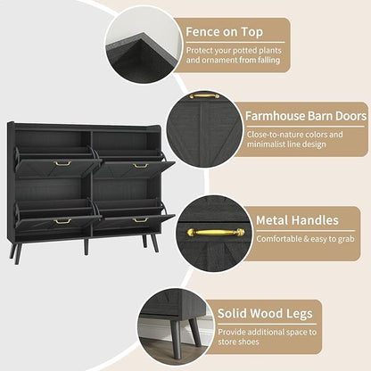 Shoe Storage Cabinet with 4 Flip Drawers, Shoe Cabinet Storage for Entryway Slim, Freestanding Black Shoe Cabinet, Farmhouse Shoe Organizer Hidden Shoe Cabinets with Wooden Legs, Black