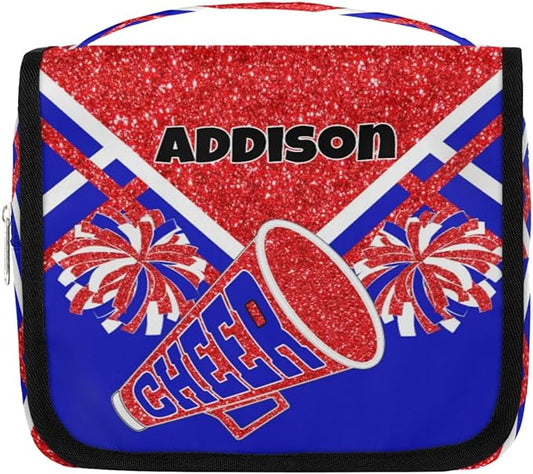 Customized Travel Cheer Hanging Toiletry Bag for Women, Waterproof Large Cosmetic Bag Makeup Cosmetic Organizer Case Bag, Red Glitters Royal Blue