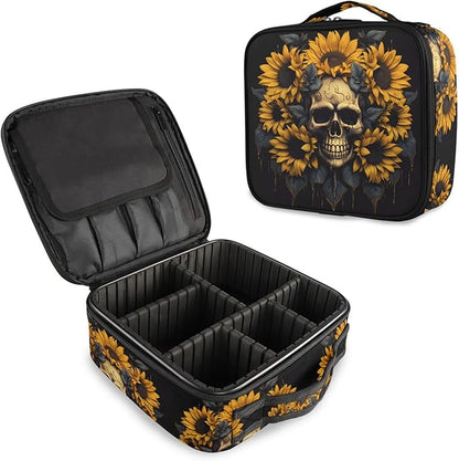 MNSRUU Travel Makeup Bag, Skull and Sunflower Women Makeup Case Organizer Cosmetic Toiletry Bag for Teenage Girl with Adjustable Dividers