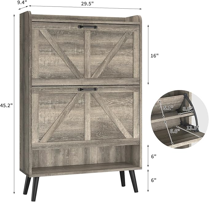 Shoe Storage Cabinet with 2 Flip Drawers, Hidden Shoe Cabinet Storage for Entryway Slim, Farmhouse Shoe Organizer with Wood Legs, Narrow Shoe Rack Cabinet, Washed Gray