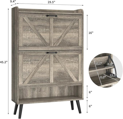 Shoe Storage Cabinet with 2 Flip Drawers, Hidden Shoe Cabinet Storage for Entryway Slim, Farmhouse Shoe Organizer with Wood Legs, Narrow Shoe Rack Cabinet, Washed Gray