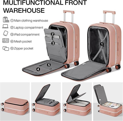 mixi Carry On Luggage, 20'' Suitcase with Front Laptop Pocket, Travel Rolling Luggage Aluminum Frame PC Hardside with Spinner Wheels & TSA Lock and Cover - Pink