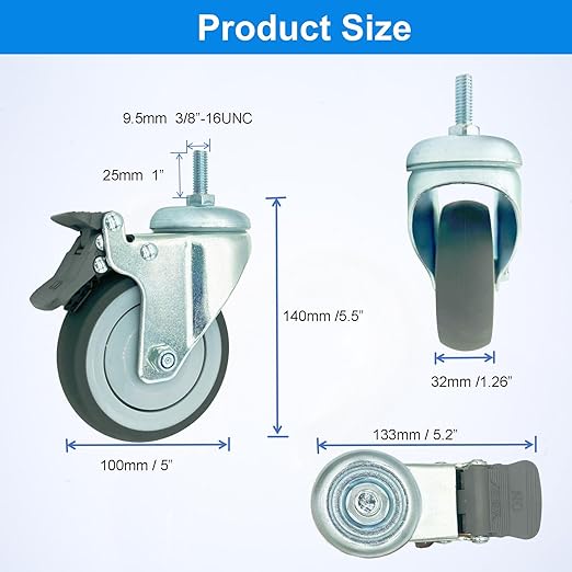 4 inch Swivel Caster Wheels Heavy Duty with Nylon Brake, 3/8"-16x1 Threaded Stem Casters Set of 4, TPR Rubber Wheels for Hospital, Lab, Furnitures,Restaurant