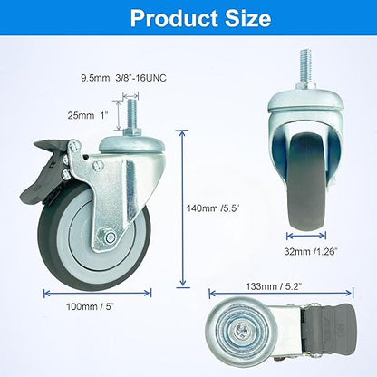 4 inch Swivel Caster Wheels Heavy Duty with Nylon Brake, 3/8"-16x1 Threaded Stem Casters Set of 4, TPR Rubber Wheels for Hospital, Lab, Furnitures,Restaurant