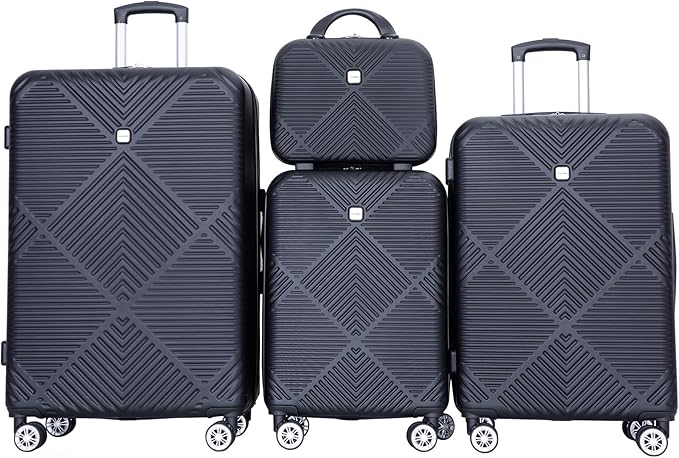 Luggage 4 Piece Set, Hardshell ABS Suitcase Set with Double Spinner Wheels, Lightweight Durable Large Luggage set, Carry On and Checked Travel Luggage, Black