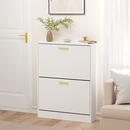 JOZZBY Shoe Cabinet for Entryway, Narrow White Shoe Storage Cabinet with 2 Flip Drawers, Wooden Hidden Shoe Rack Organizer with 2 Tier Freestanding for Hallway, Living Room, Set of 2