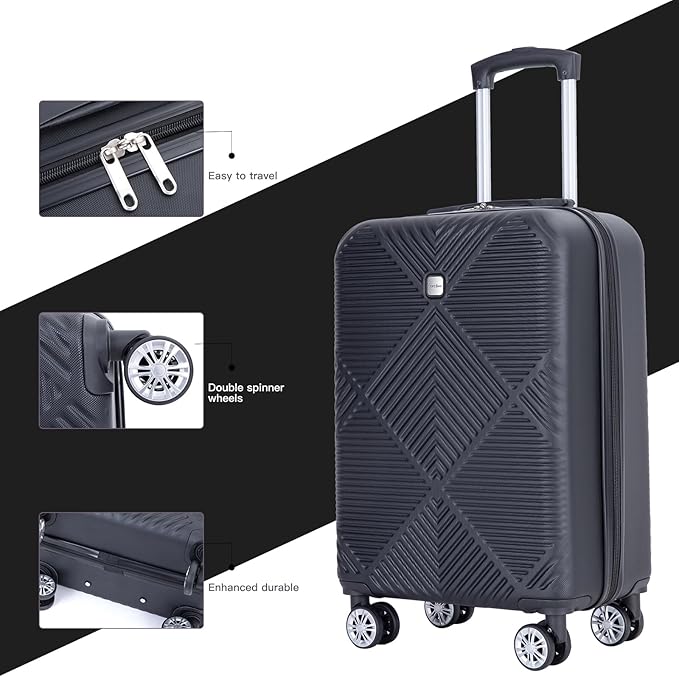 Luggage 4 Piece Set, Hardshell ABS Suitcase Set with Double Spinner Wheels, Lightweight Suitcase, Carry On and Checked Travel Luggage,Dark Black