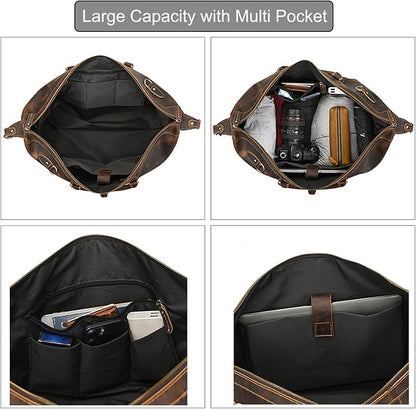 Full-grain Genuine Leather Travel Bag Large Capacity Luggage Duffel Bag for Men Shoulder Handbag Holiday Business Trip Bag, Brown