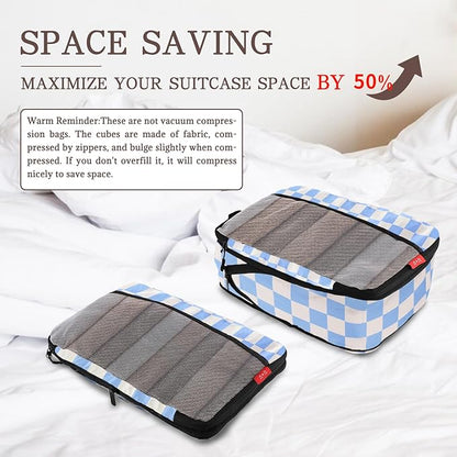 U+U 4 Set Compression Packing Cubes - Ultralight Travel Organizers, Space-Saving Suitcase Organizer, Expandable Packing Cubes for Travel, Business Trip and Family Vacation (Blue Checkered)