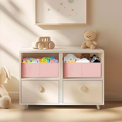 DIMJ Large Closet Shelf Organizer Bins 4 Packs with Handles and Divider, Fabric Trapezoid Storage Baskets, Foldable Clothes Containers Box for Shelf, Towel, Book, Toy, Purse, Hats, Pink