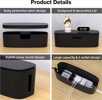 Cable Management Box - Large Cord Organizer Box to Hide Power Strip & Under Desk, TV Computer Wires Cable Organizer Box with Baby Proofs, Desk Cord Organizer for Home/Office - Black