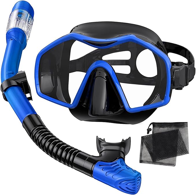 Snorkeling Gear for Adults,Dry-Top Snorkel Mask Set with Tempered Glass,Anti-Fog & Anti-Leak Panoramic Swim Mask,Adjustable Snorkel Kit with Carry Bag for Scuba Diving,Swimming,Travel
