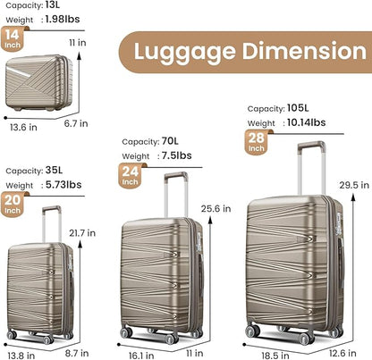 Merax Hardside Luggage Sets 4 Piece with Spinner Wheels,Lightweight Suitcase Set with TSA Lock,Travel Luggage Set with Telescoping HandleChampagne,14/20/24/28