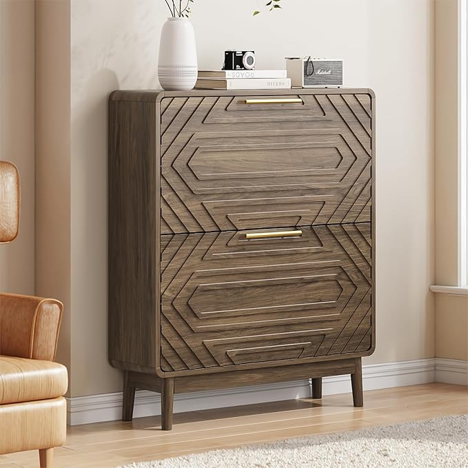 Spaco Walnut Shoe Cabinet for Entryway,Narrow Shoe Storage Cabinet with 2 Flip Drawers,Slim Shoe Rack Organizer for Hallway