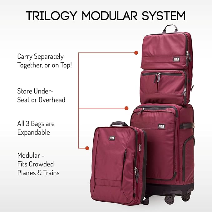 Trilogy Modular System I Modular 4-wheel spinner carry-on, with two zip-off bags! All 3 are Expandable! You get 3 bags in 1! Mix and match; take apart to fit crowded airplane spaces (Zinfandel)