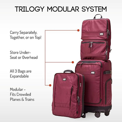Trilogy Modular System I Modular 4-wheel spinner carry-on, with two zip-off bags! All 3 are Expandable! You get 3 bags in 1! Mix and match; take apart to fit crowded airplane spaces (Zinfandel)