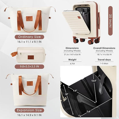 Merax 4-Piece Luggage Set with USB Charging Ports Suitcase with TSA Lock Travel Duffel Bag Wet-Dry Toiletry Bag, ivory and brown