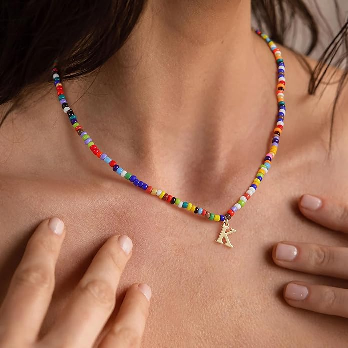Yoosteel Christmas Gifts for Teen Girls Grandkids - Colorful Beaded Initial Necklace for Girls Jewelry A-Z Letter Choker Necklace Birthday Gifts Stocking Stuffers for Teenage Girl Women Gifts