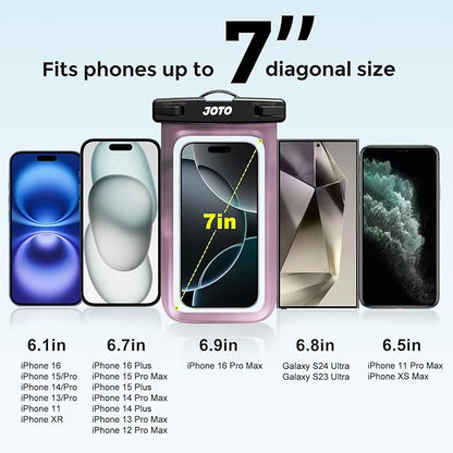 JOTO Up to 7" Universal Waterproof Phone Case for iPhone 16 15 14 13 Plus Pro Max, IPX8 Cellphone Dry Bag 12 11 Pro Max XR X 8 7 6S Plus SE, Galaxy S23 S22 S21 S20+ S20 Plus Note, Pixel -Clearpurple