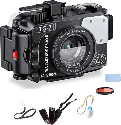 Sea frogs Camera Housing Compatible with Olympus TG7, with Red Filter and Signal Lamp, Waterproof IPX8 Rated, 60m/197ft Depth Protection Underwater Camera Case, Black