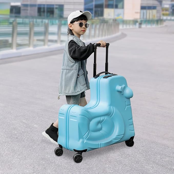 DNYSYSJ Children's Ride On Luggage, 20" Kid's Trolley Suitcase with Universal Wheels and Password Lock, Carry On Luggage Rolling Luggage, Aged 1-6 Years, ABS+PC (Blue, Snail Pattern)