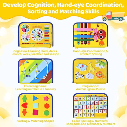 Esjay Toddler Busy Board Montessori Toys for Boys Girls, Sensory Book Educational Activities for Learning Fine Motor Skills, Birthday Gifts for Toddlers, Travel Toys for Airplane Car, Yellow Truck
