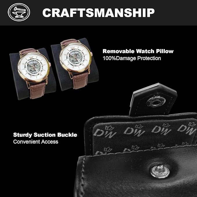 DUKWIN Watch Roll for 2 Watches,Vegan Leather Travel Watch Case Organizer with Removable Pillows for Men and Women,Display Case for Watches Collection and Gift for Anniversary Birthday(Black Storage)