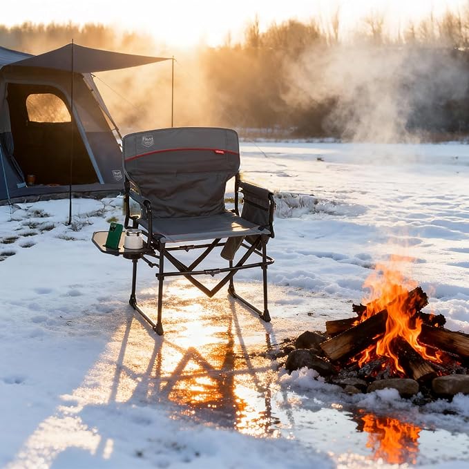 TIMBER RIDGE Heavy Duty Aluminium Heated Camping Chair with Compact Size, Portable Directors Chair Supports Up to 400lbs with Side Table and Pocket for Camping, Lawn, Sports (Power Bank not Included)