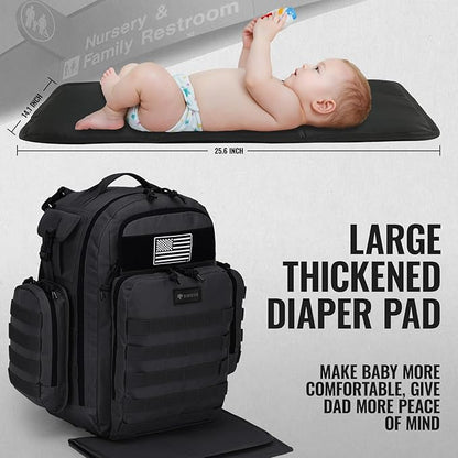 Dad Diaper Bag, Mens Diaper Bag Backpack with Diaper Changing Mat, Military Diaper Backpack with Molle Webbing, Waterproof Pouch, Baby Wipes pocket, Insulated Bottle Pockets- Tropical Black