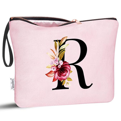 Vavabox A-Z Personalized Makeup Bag, Birthday Gifts for Women Mom, Gifts for Best Friend, Bride Bridesmaid Cosmetic bag (R, Pink)