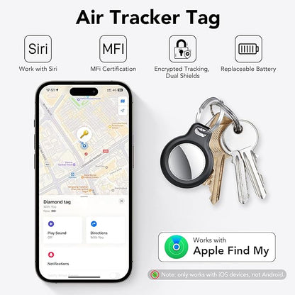Air Tracker Tags-5 Pack Black | Bluetooth Tracker Work with Apple Find My (iOS Only), Smart Tag with Protective Case/Keychain/Lanyard, Item Finder for Luggage/Key/Suitcase, Replaceable Battery