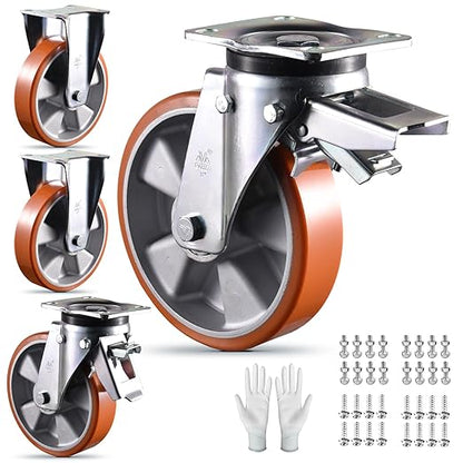 Super Heavy Duty Plate Casters Load 6500Lbs 8 inch Casters Set of 4 Swivel & Fixed Industrial Aluminum Core PU Wheels for Cart Furniture and Workbench Locking Outdoor Dolly Rigid Castors Load 6500Lbs