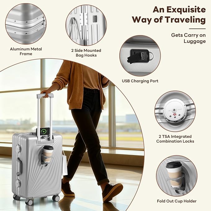 3-Piece Hardside Luggage Sets Aluminum Frame, 20+24+28 Inch Suitcases with USB Charging Port, Foldable Cup Holder, TSA Locks & Spinner Wheels for Travel, Silver