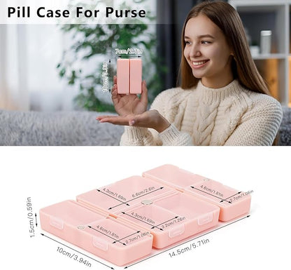 FYY Daily Pill Organizer,2 Pcs 7 Compartments Portable Pill Case Travel Pill Organizer,[Folding Design] Pill Box for Purse Pocket to Hold Vitamins,Cod Liver Oil,Supplements and Medication-Pink