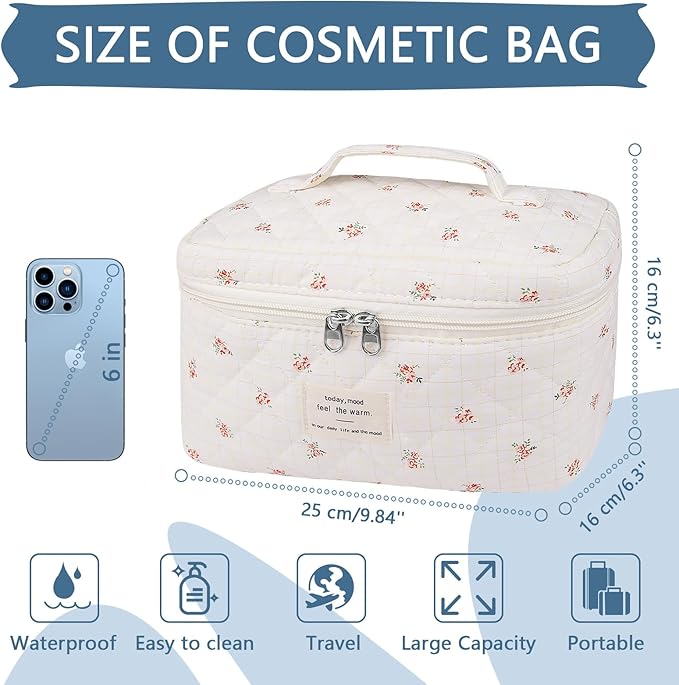 Large Travel Quilted Makeup Bag for Women,Big Floral Cotton Cosmetic Bag, Cute Coquette Aesthetic Floral Toiletry Organizer Bag (Plaid-Flower)