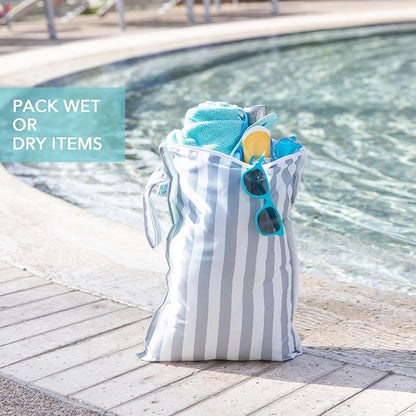 Bumkins - Larger Waterproof Wet Bag - For Baby, Travel, Swim Suit, Cloth Diapers, Pump Parts, Pool, Gym, Toiletry, Strap to Stroller - Reusable & Easy to Clean - 2pk - Gray & Green Stripe