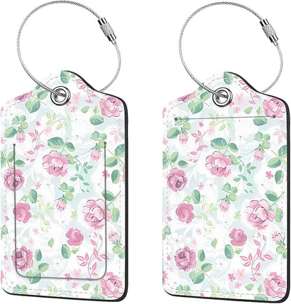 2 Pcs Luggage Tags for Suitcase, Cute Unique PU Leather Travel Bag Tag with Privacy Cover ID Label Address Card and Durable Metal Ring Suitable for Men Women Children Backpack,Flower A