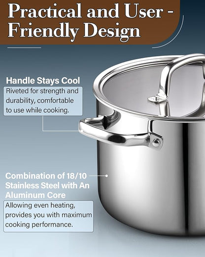 Cook N Home 7-Piece Tri-Ply Clad Stainless Steel Cookware Set, Pots and Pans Kitchen Set with Tempered Glass Lids, Induction-Ready, Dishwasher-Safe, Silver