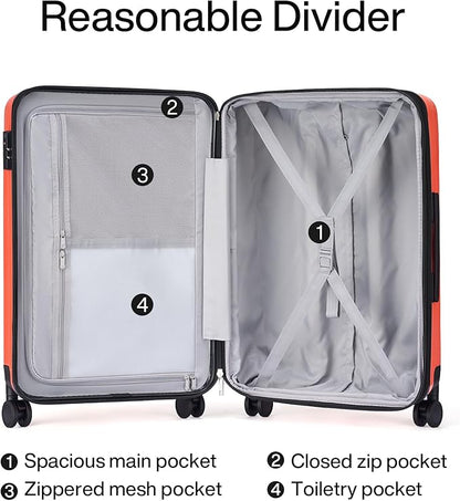 Hanke 24 Inch Expandable Checked Luggage Lightweight PC Hard Case Luggage Suitcases with Wheels TSA Luggage Rolling Large Suitcase Travel Luggage Bag for Go to University(Orange)