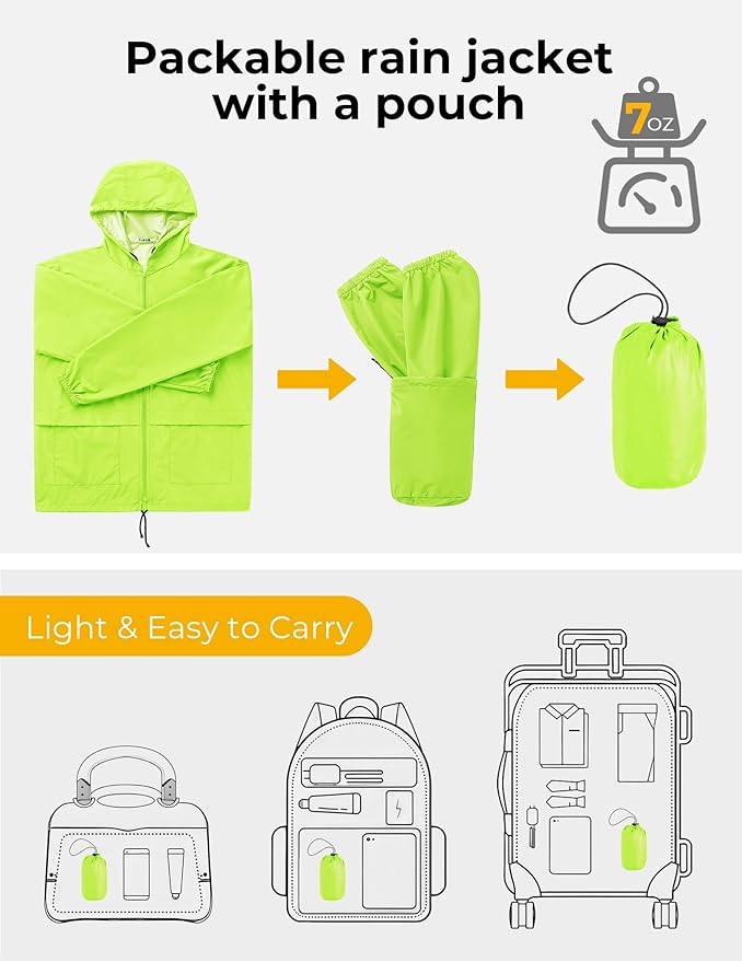COOFANDY Mens Packable Rain Jacket Lightweight Waterproof Raincoat with Hood Outdoor Rain Gear Travel Hiking Cycling
