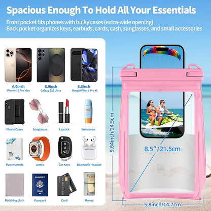 Large Waterproof Phone Pouch Floating, Waterproof Phone Case for iPhone 15 14 Pro Max 13 12 Plus 11 XS XR X Samsung up to 8.5'', IPX8 Water Proof Cell Phone Dry Bag for Beach Swimming Kayaking, Pink