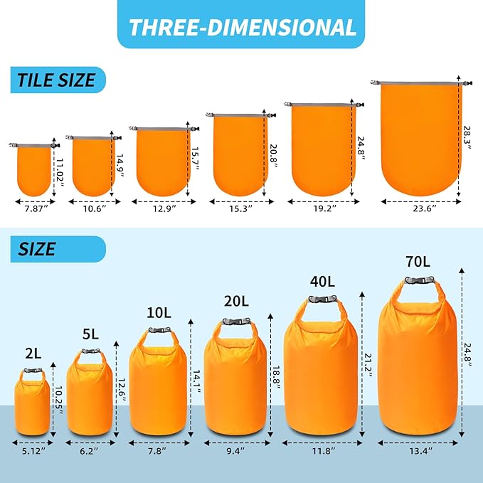 Dry Bag Set, Waterproof Small Lightweight Dry Bags for Paddle Board Kayaking, Fishing, Camping (Orange, 2L+5L+10L)