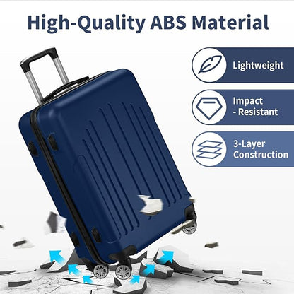 Karl home 24in Checked Luggage with TSA Lock, ABS Hardshell Check-in Suitcase with Spinner Wheels, Durable Medium Suitcase Rolling Luggage for Business Travel, Navy Blue